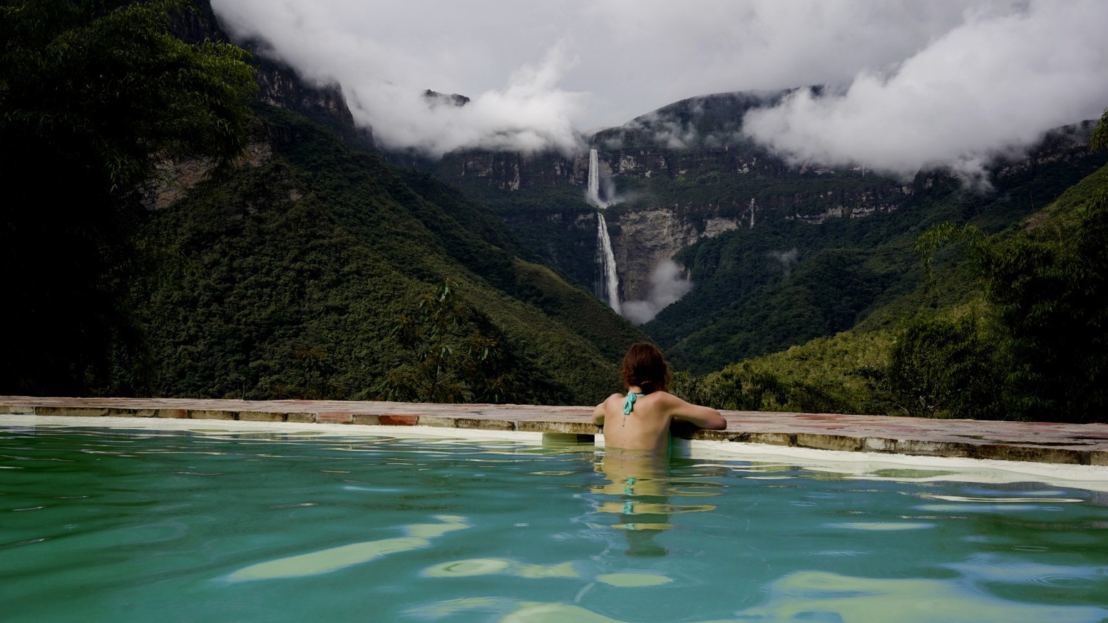 Pool with waterfall view